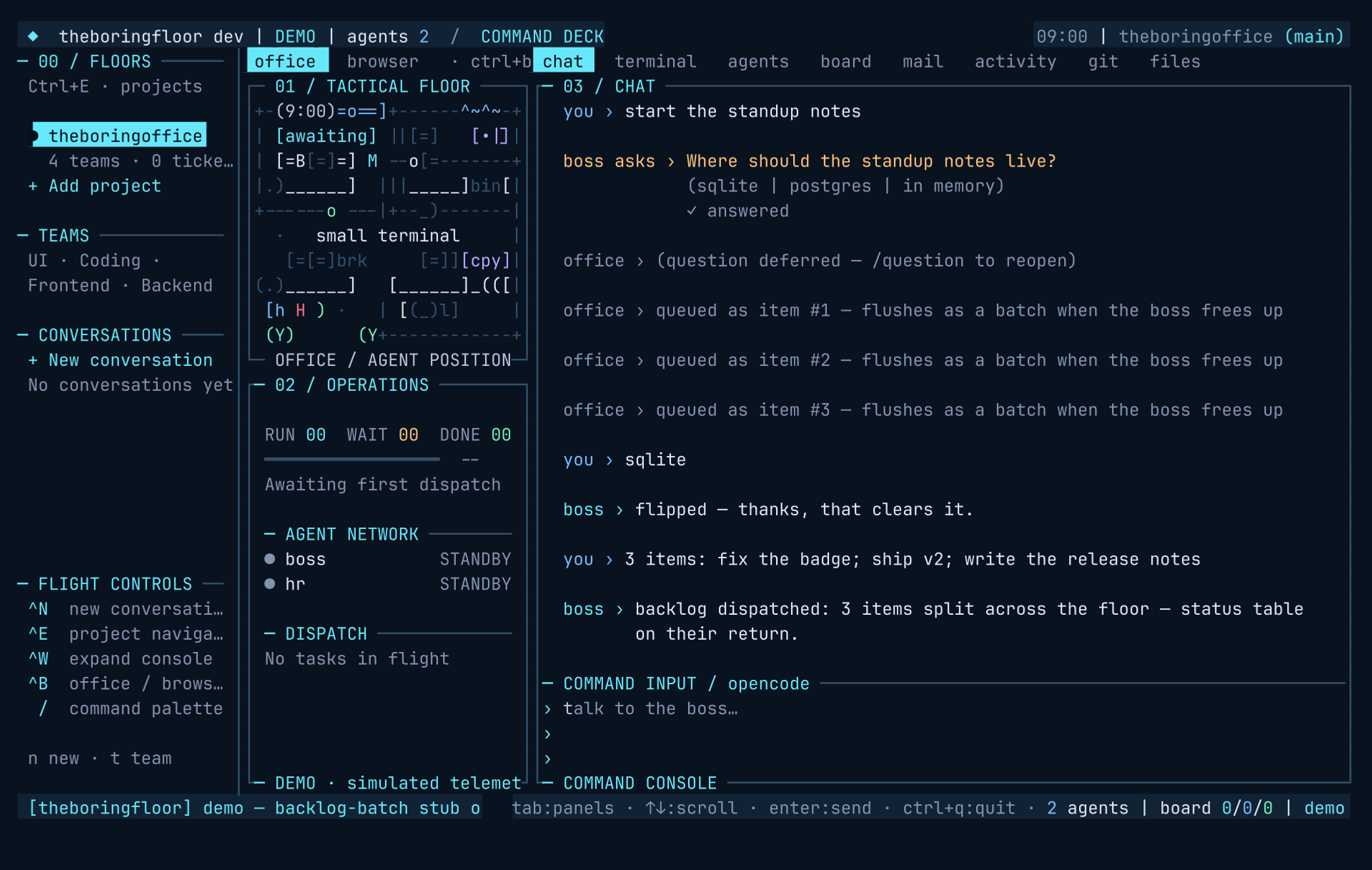 theboringfloor chat tab: three queued prompts flushing out as one [BATCH DISPATCH] message