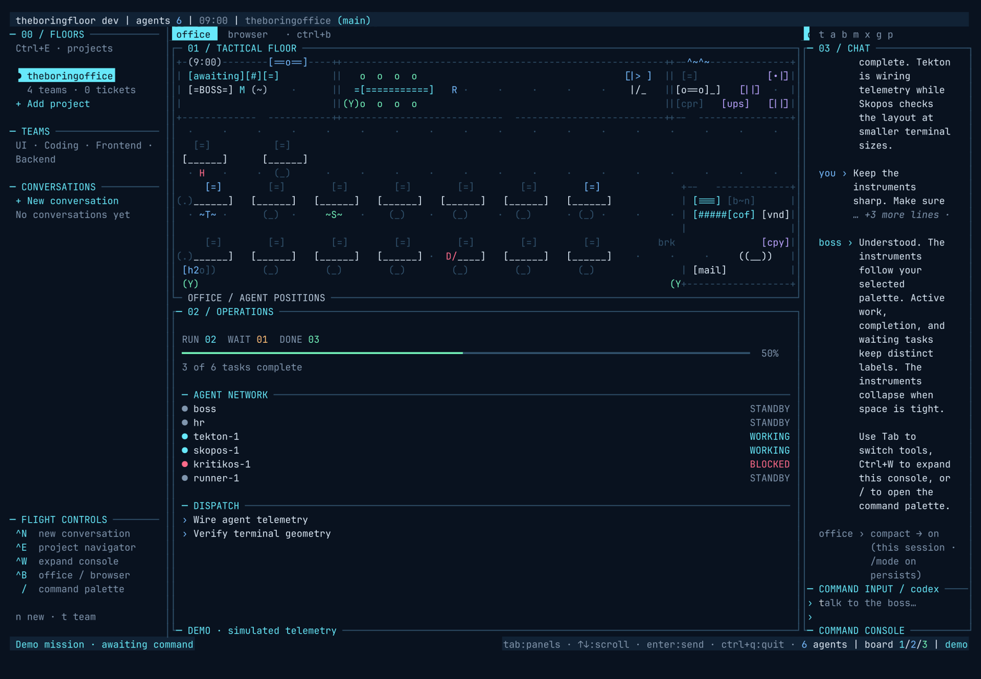 theboringfloor compact layout: 30-column sidebar, short tab letters, two-row input