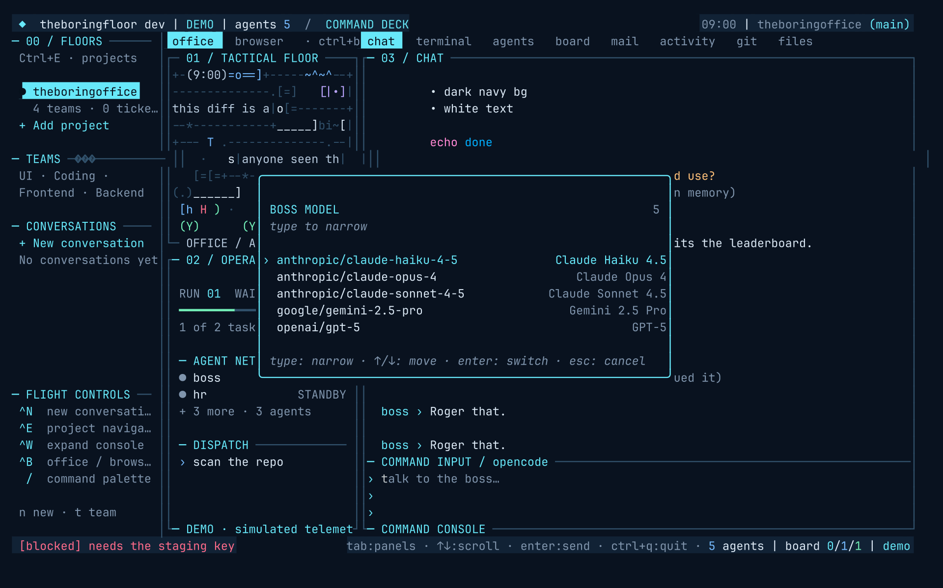 theboringfloor /model command: picking the boss model from the active backend's native catalog