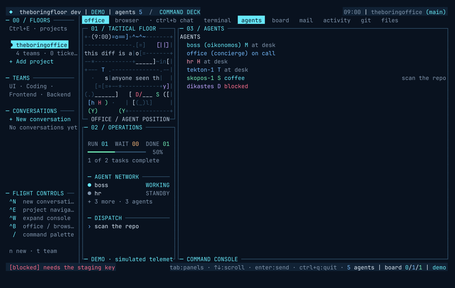 theboringfloor on the opencode backend: floor, chat thread, and panels