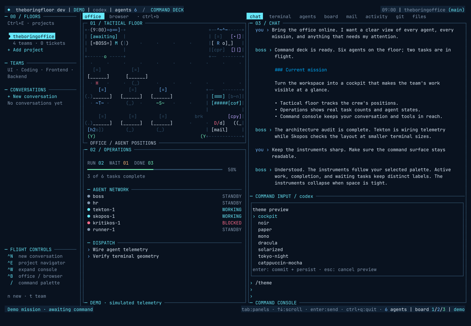 theboringfloor slash command popover: typing /th filters the command list to theme and thinking commands