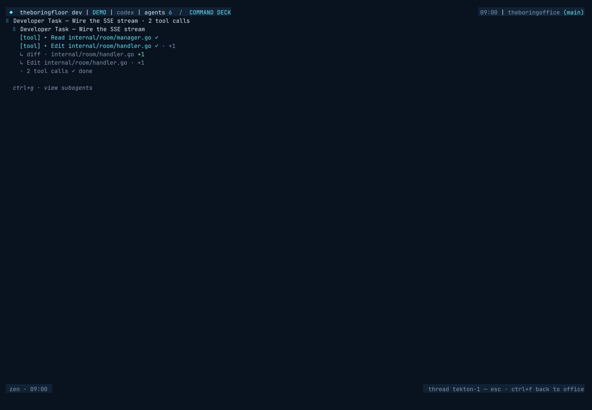 theboringfloor thread focus: one worker's full transcript fullscreen — tool calls, thinking bodies, and clickable per-call diffs