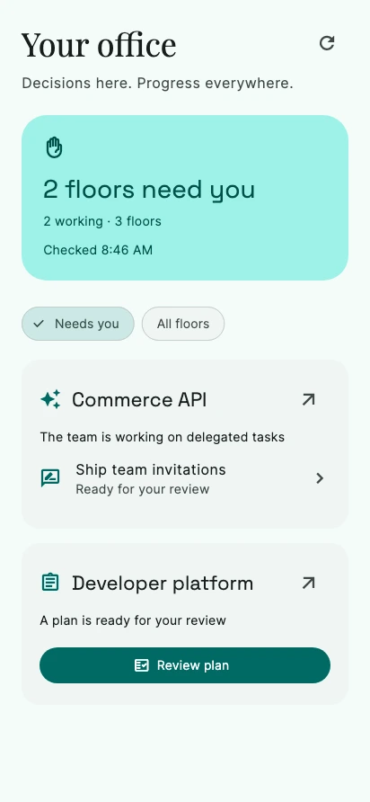 The Android companion attention inbox, showing plans and tickets awaiting review