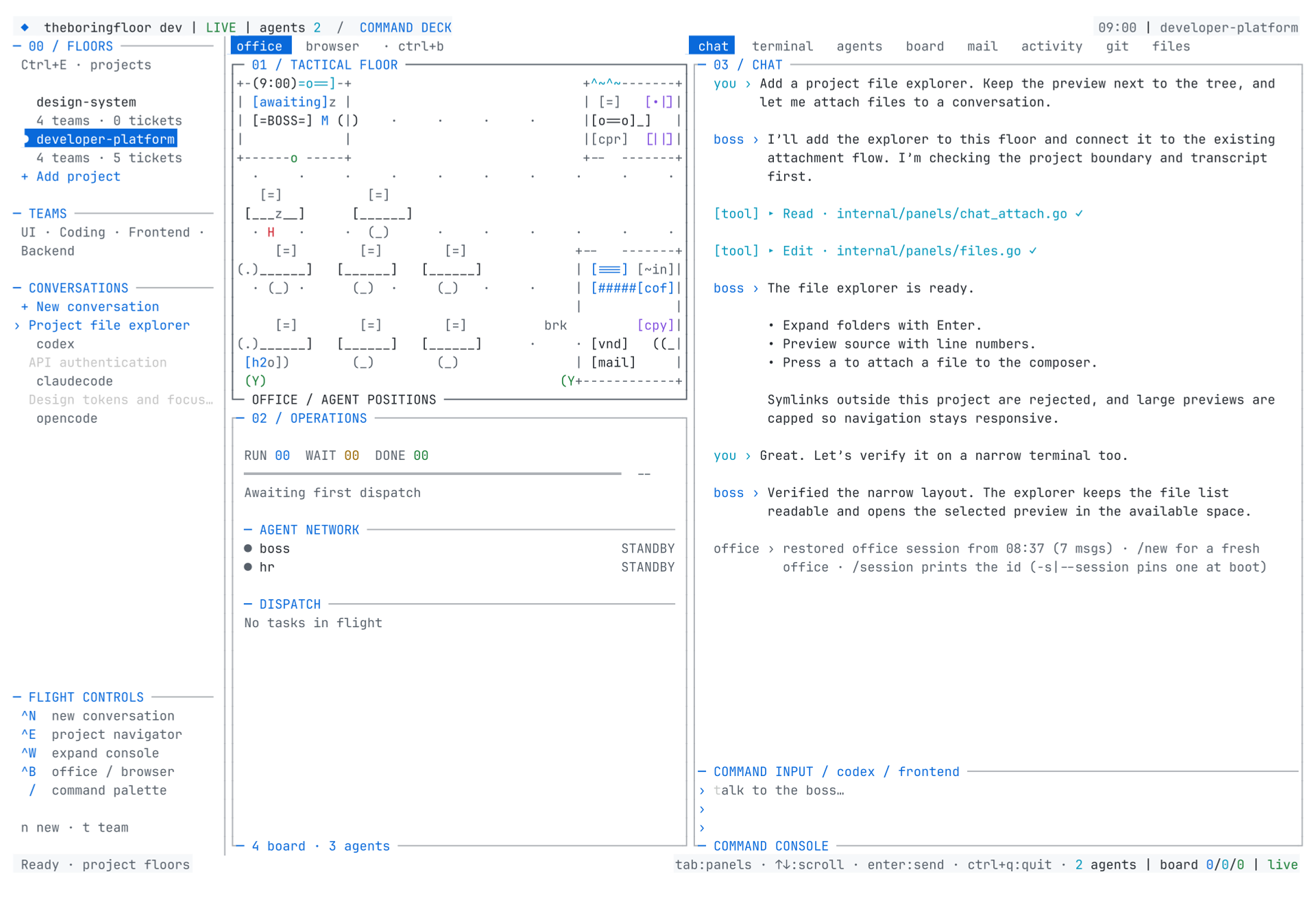 See the team. Follow the work. Actual theboringfloor terminal interface.